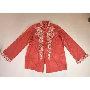 Talbots Coral Embroidered Jacket Womens M Boho Resort Lightweight Cotton Layer